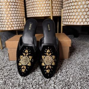 RARE!! SAACHI Black Velvet Mules with Gold Hand-Beaded Design